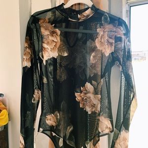 Black and Cream Floral Mesh Bodysuit, Size L